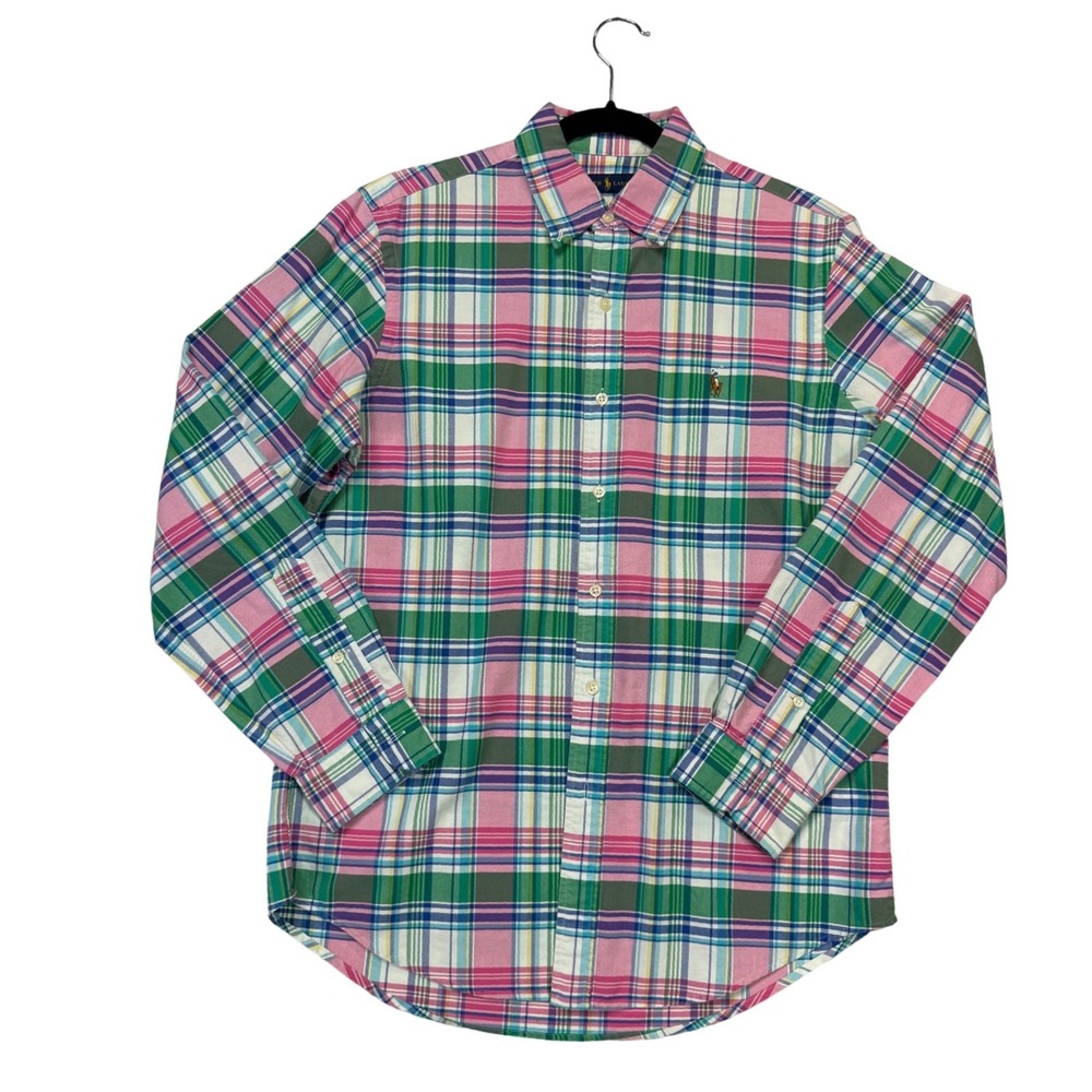 Ralph Lauren Plaid Button Down Mens Medium Pink Green Excellent Long Sleeve Pony